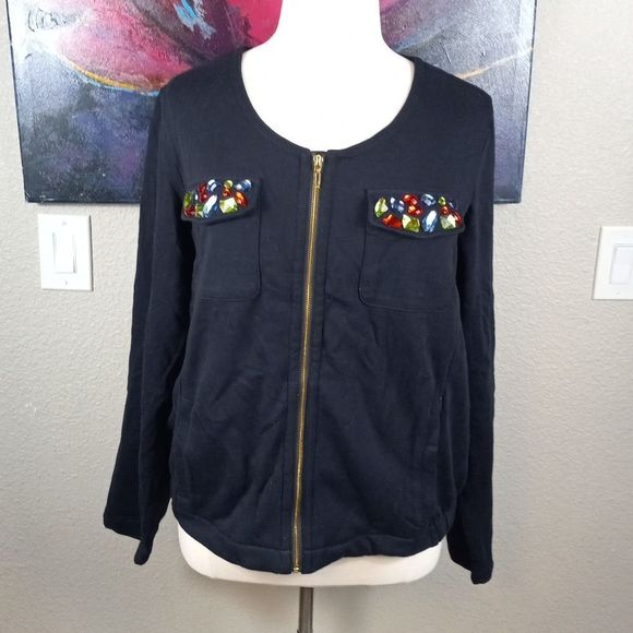 Ashley Stewart Sweaters - Ashley Stewart Cotton Vintage Jeweled Pocket Cardigan